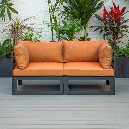 Leisuremod Chelsea 2-Piece Sectional Loveseat Black Aluminum with Orange Cushions CSCBL-2OR